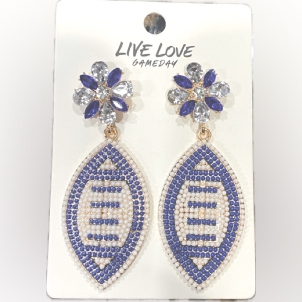 LiveLoveGameday Beaded  Football Earrings Blue & White - NWT